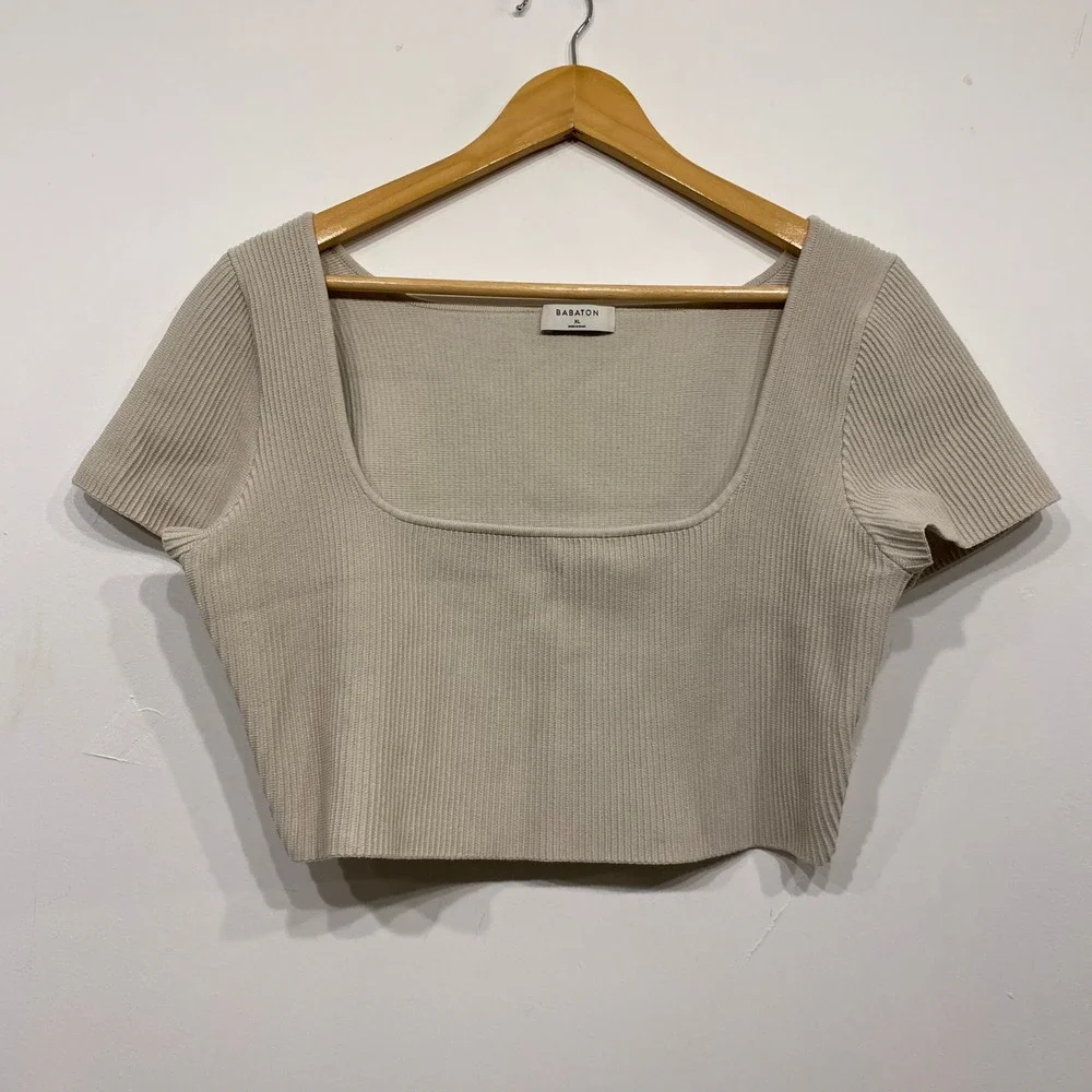 Aritzia Babaton Sculpt Knit Cropped Beige Square Neck Ribbed Short Sleeve XL